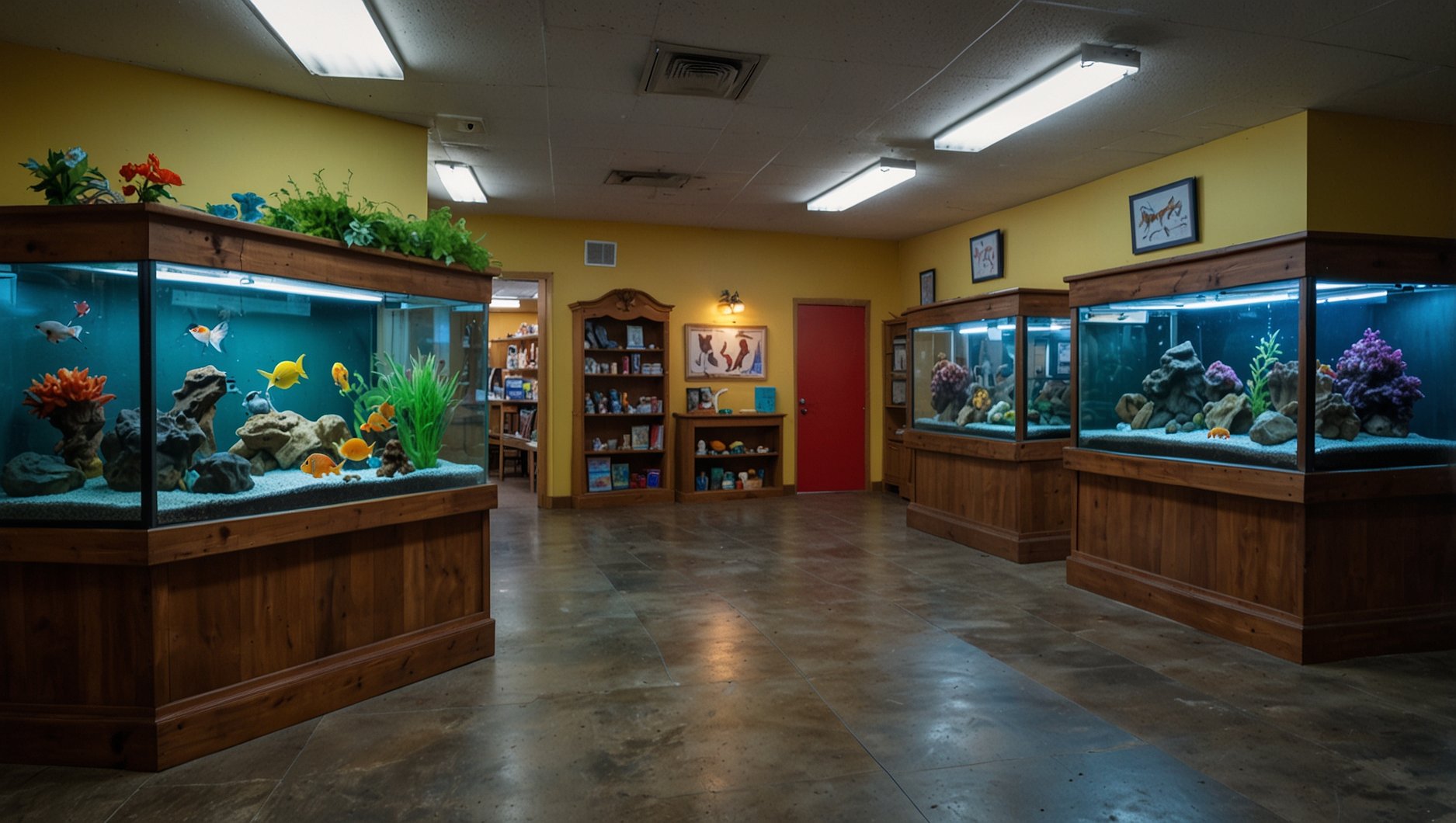 Houston pet shop interior with fish tanks, bird cages and reptile enclosures — HeiBob