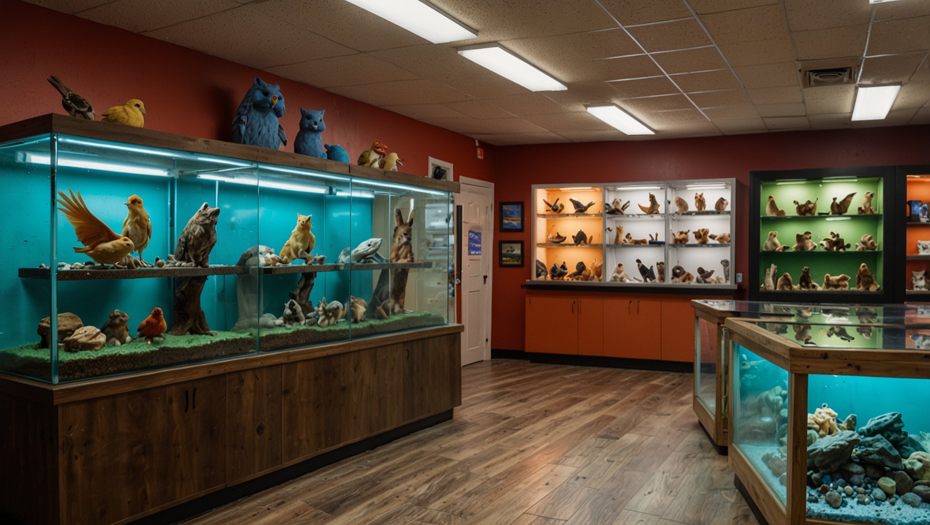 Colorful pet shop display with reptile enclosures and exotic animals in Houston TX — HeiBob