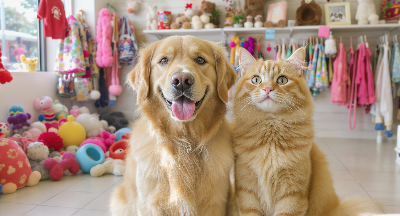 Happy golden retriever and orange tabby cat at a pet boutique in Houston, TX