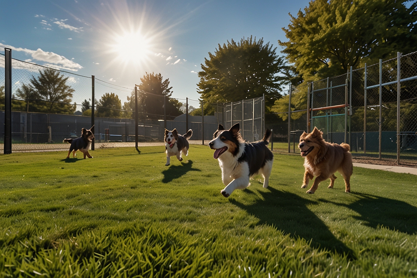 Dogs playing at a Chicago dog boarding outdoor facility — HeiBob