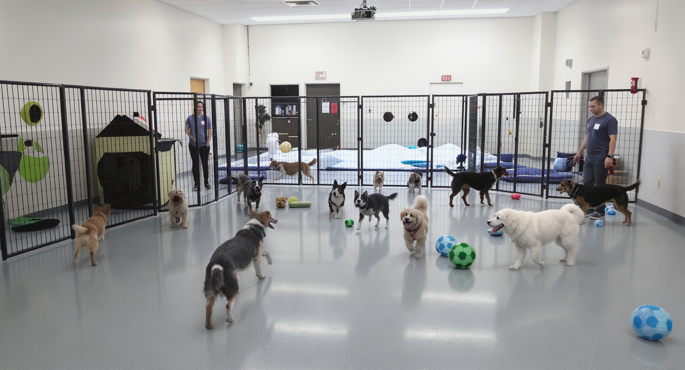 Dogs playing in indoor playroom at Indianapolis dog boarding facility