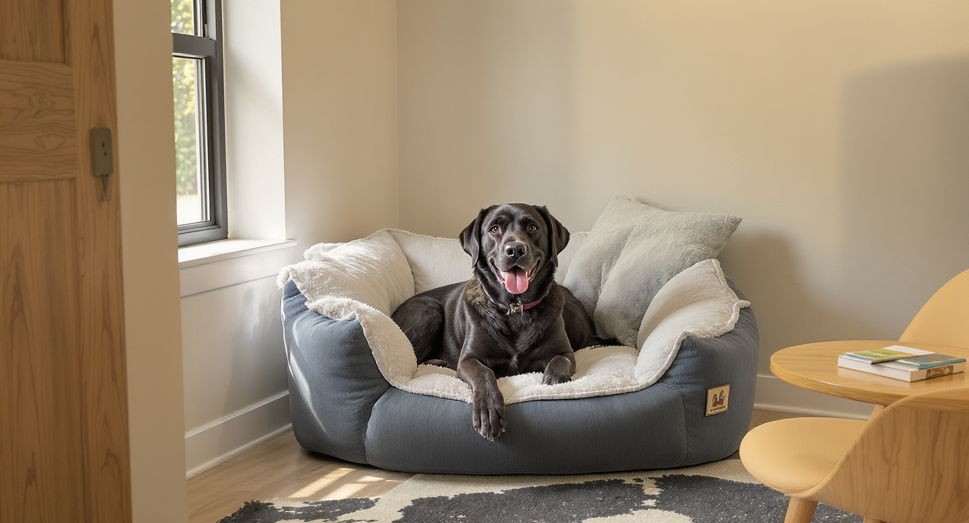 Private dog boarding suite at Indianapolis kennel with cozy dog bed