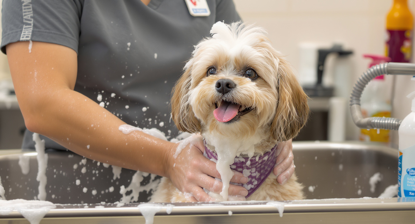 Happy dog getting a bath at a professional dog grooming salon in Seattle WA — HeiBob