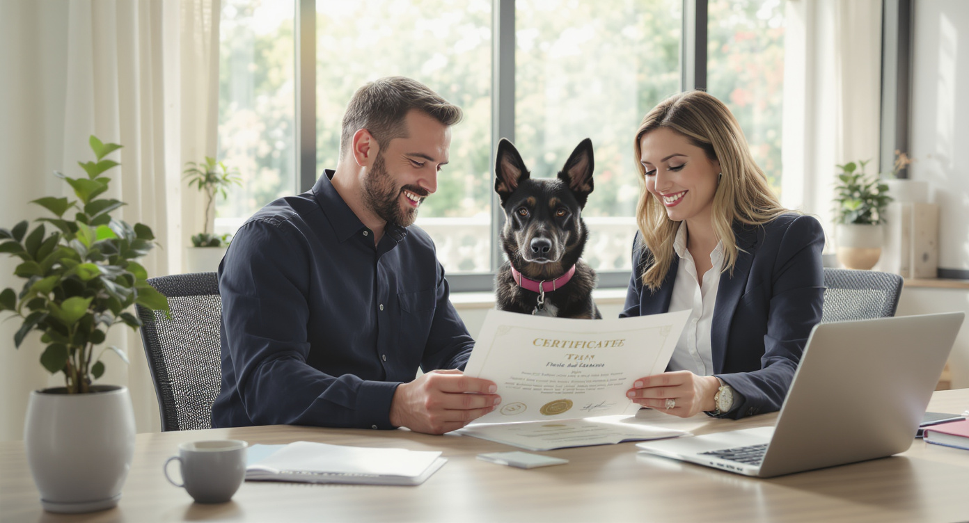 Dog owner reviewing dog trainer credentials and certifications — HeiBob