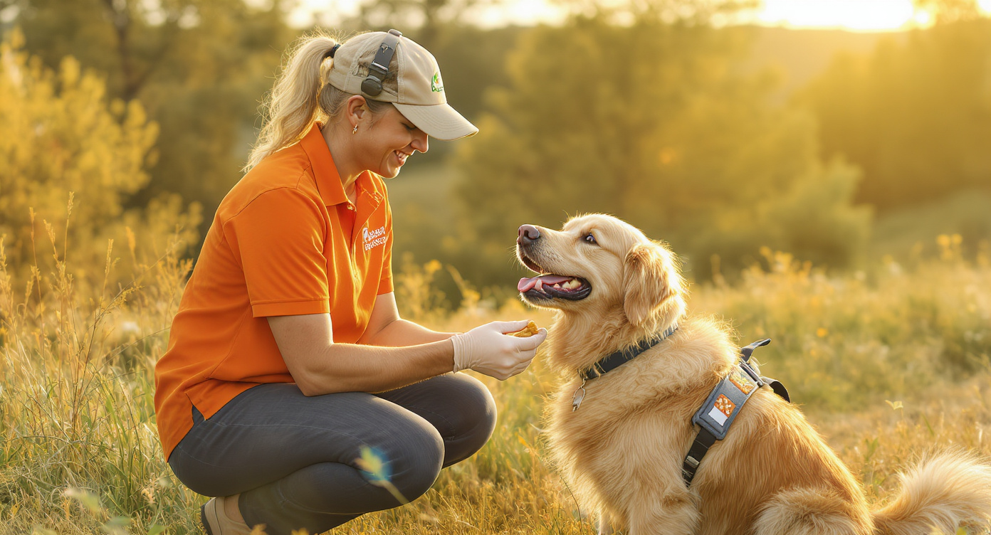 Dog trainer practicing clicker training with a golden retriever in a park