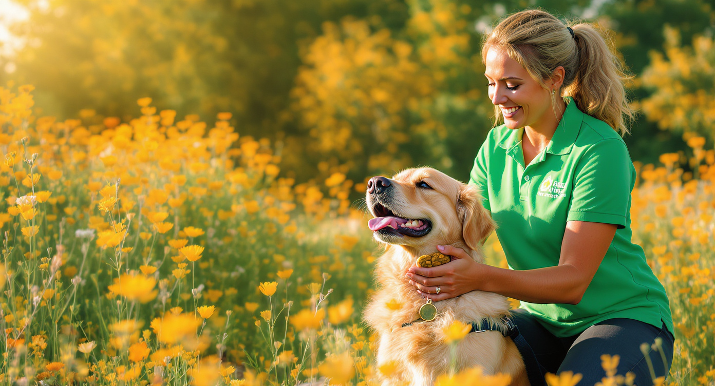 Dog trainer using positive reinforcement with treats and hand signals outdoors