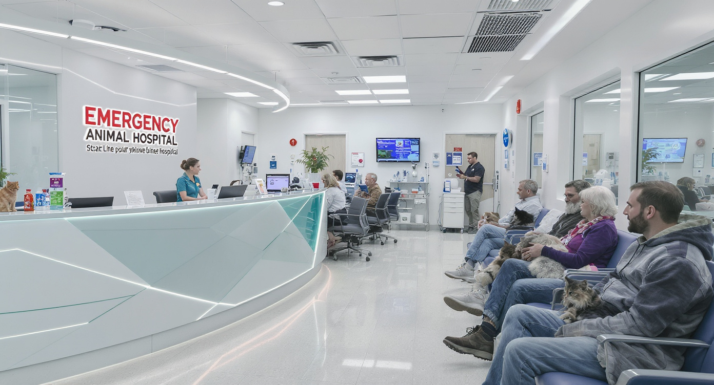 Emergency animal hospital waiting room with pet owners — HeiBob