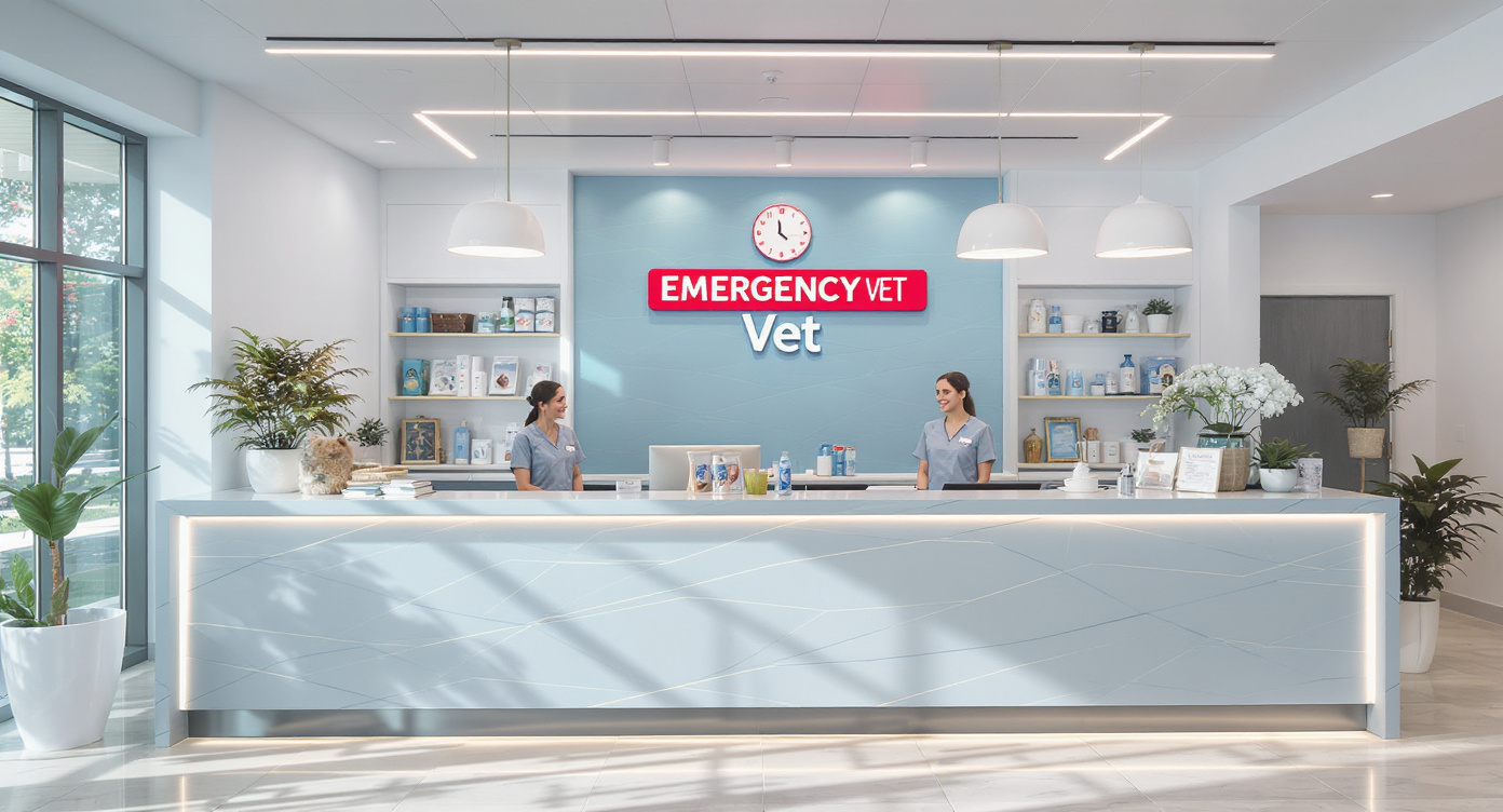 24-hour emergency animal hospital reception desk with Emergency Vet sign