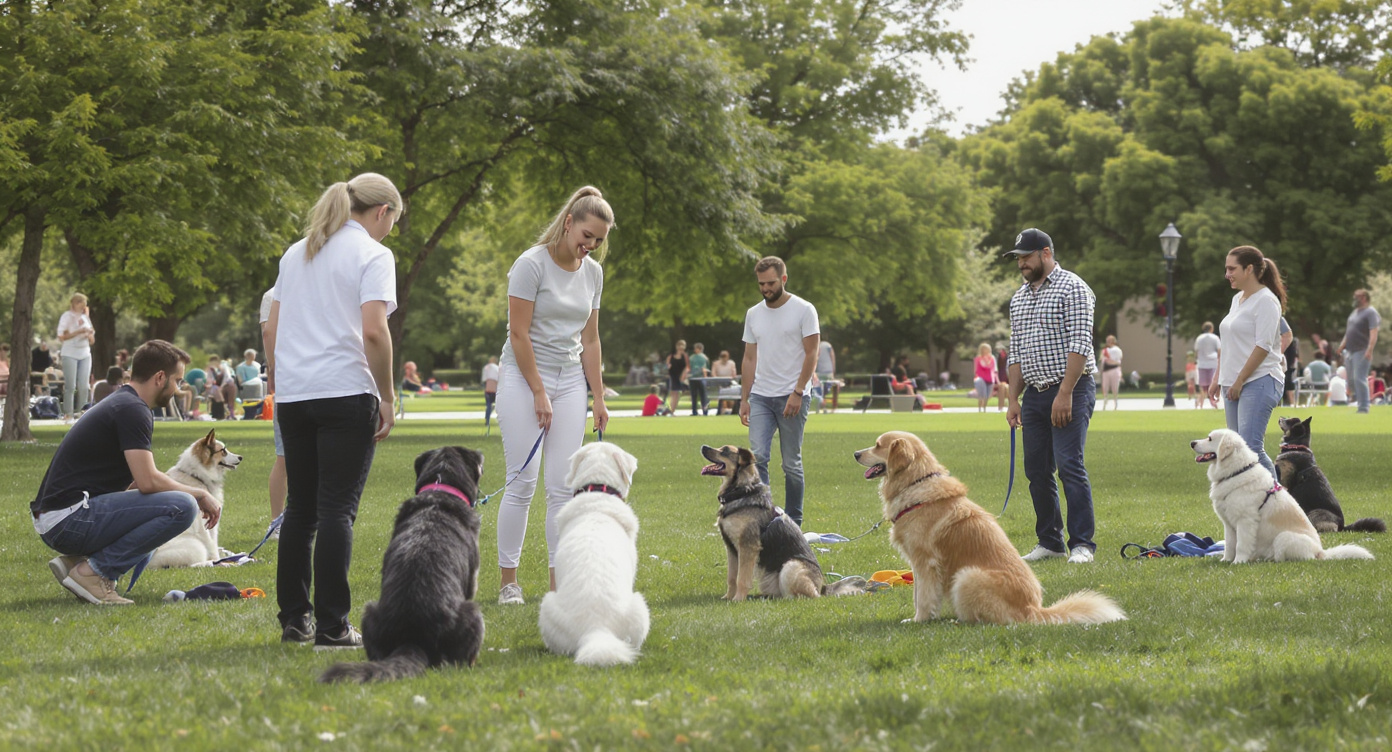 Group dog obedience training class in outdoor park — HeiBob