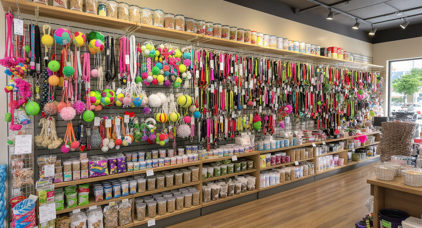 Colorful pet supplies display in Houston boutique pet shop