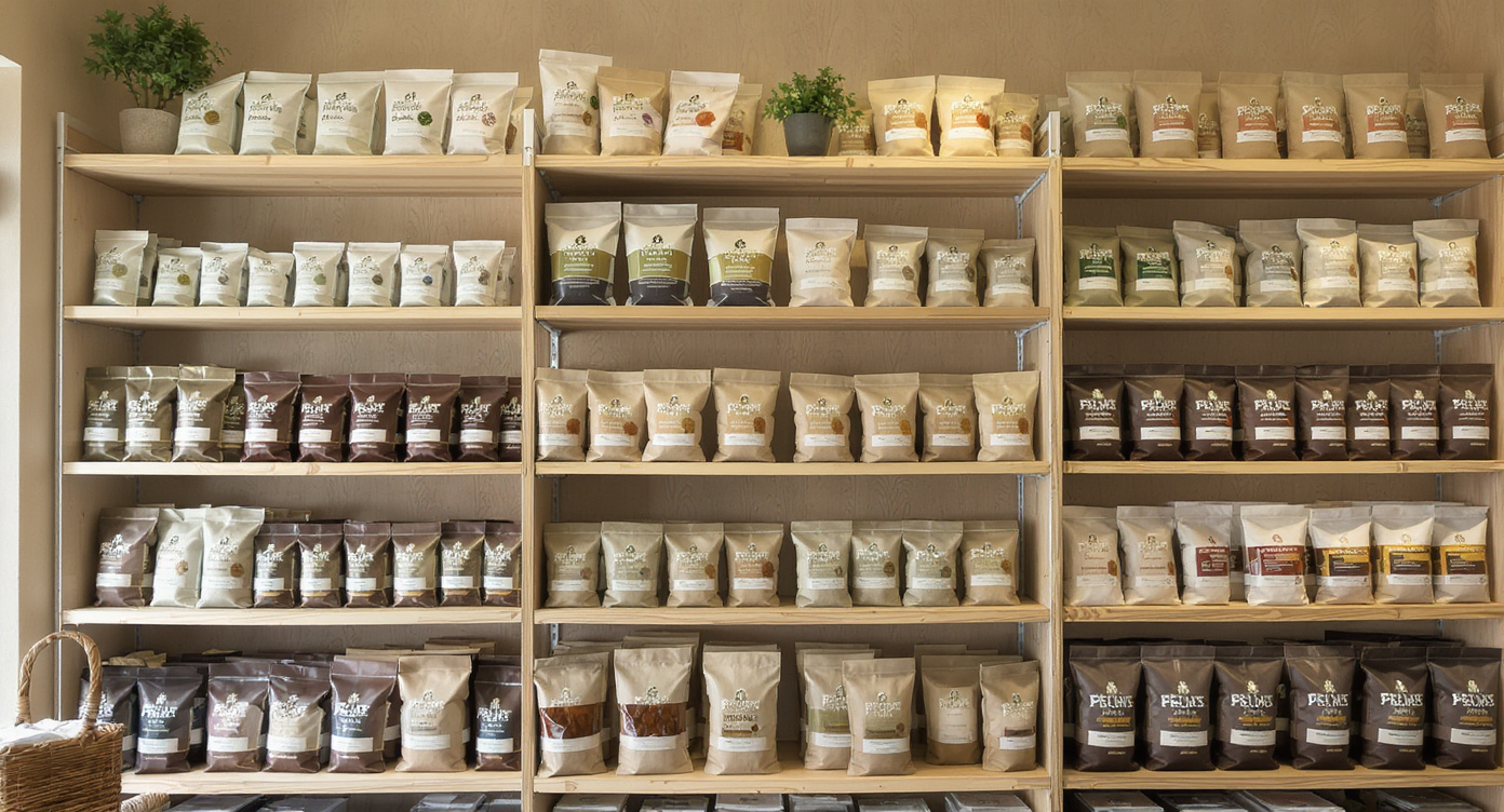 Premium holistic pet food shelves at an independent pet store in Houston TX