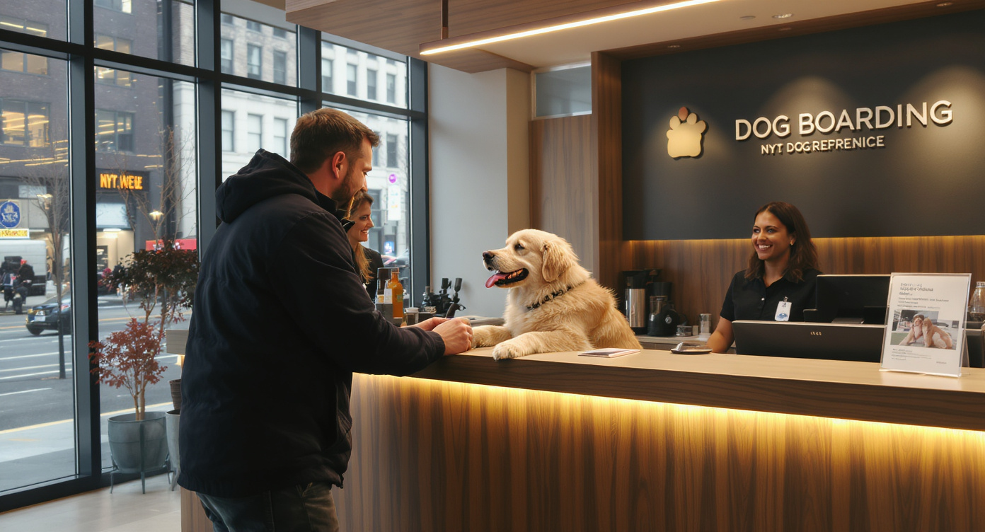 Dog owner dropping off pet at NYC dog boarding reception desk