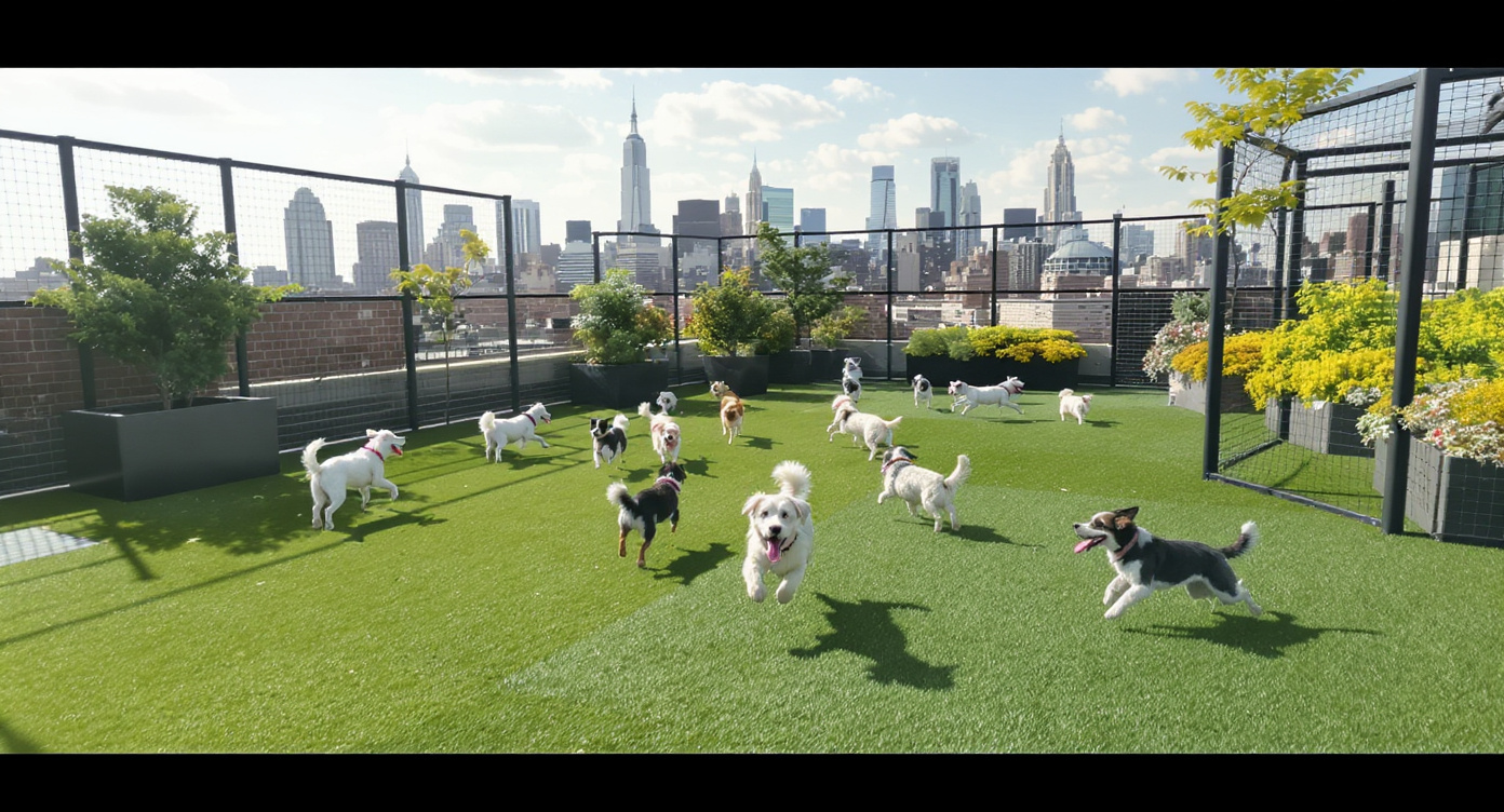 Dogs playing in outdoor rooftop area at NYC dog boarding facility with Manhattan skyline