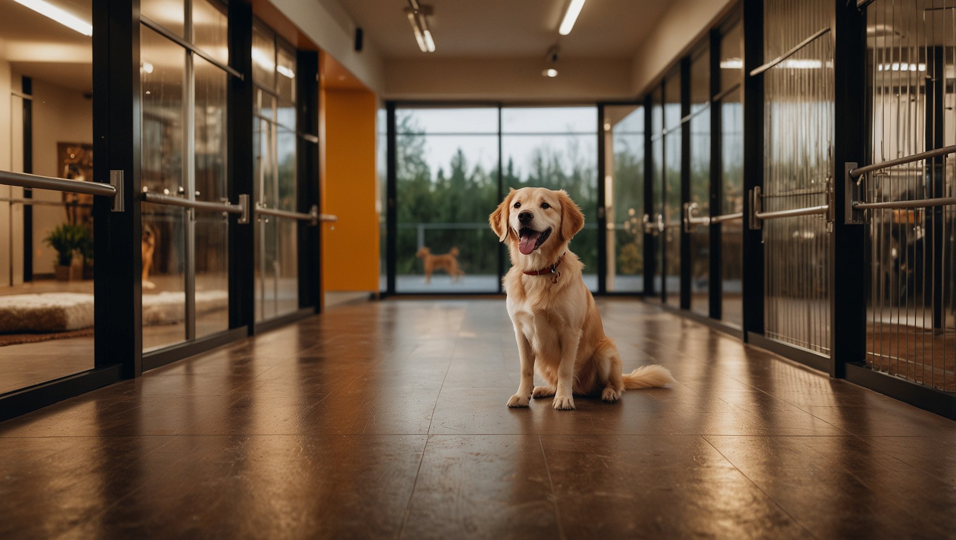 Happy dogs playing at a clean modern pet boarding facility with caring staff — HeiBob