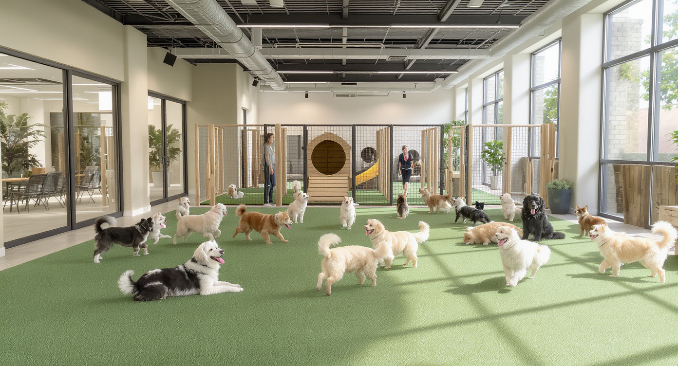 Modern pet boarding facility with happy dogs playing — HeiBob