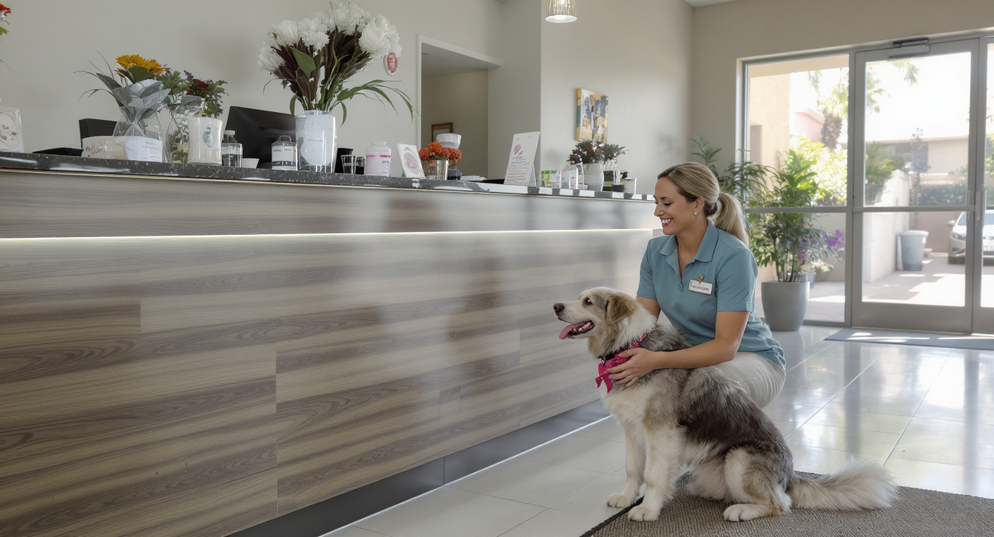 Friendly staff member welcoming a dog at a Scottsdale AZ pet boarding facility
