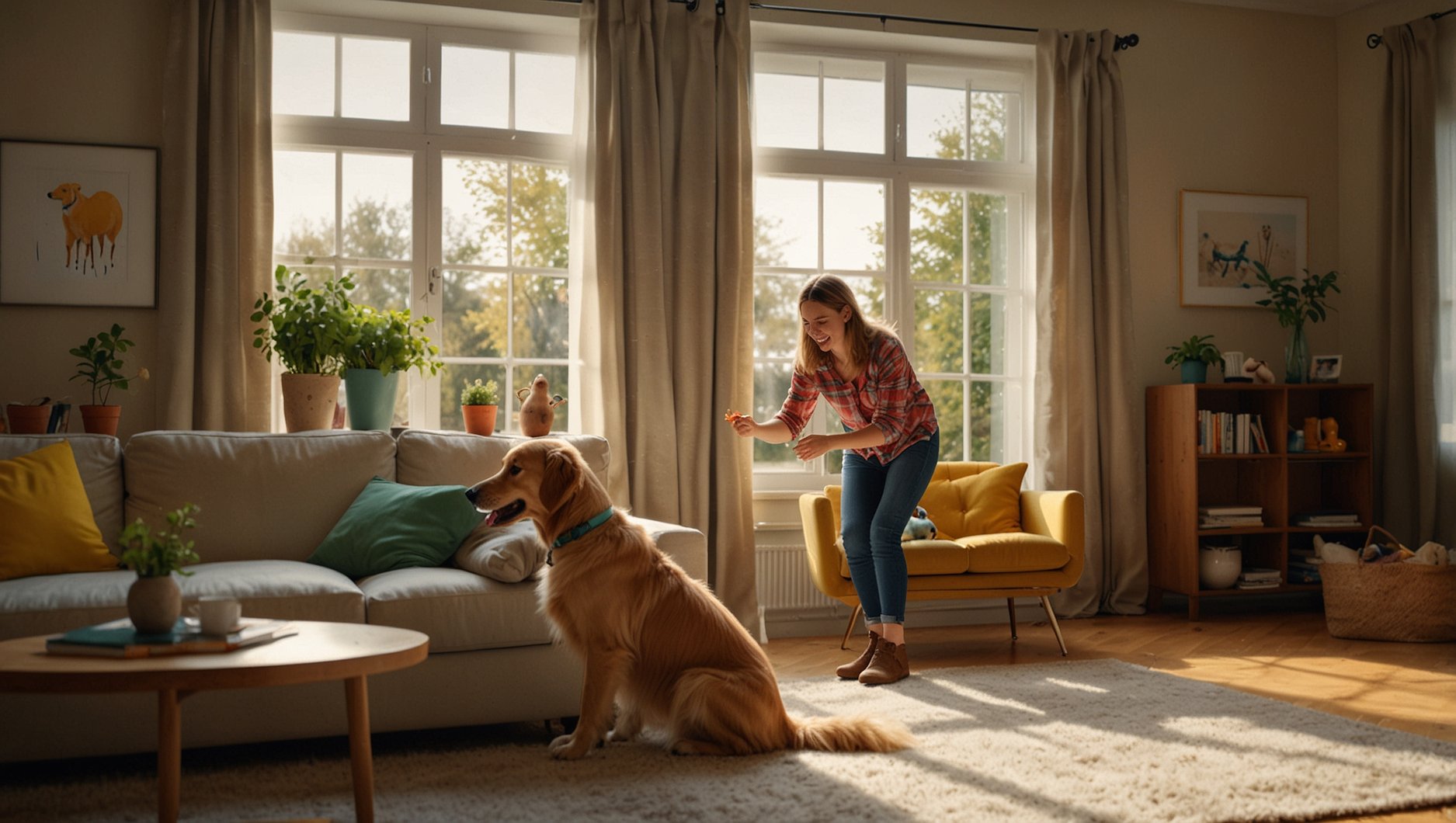 Friendly pet sitter playing with a golden retriever in a cozy home environment — HeiBob