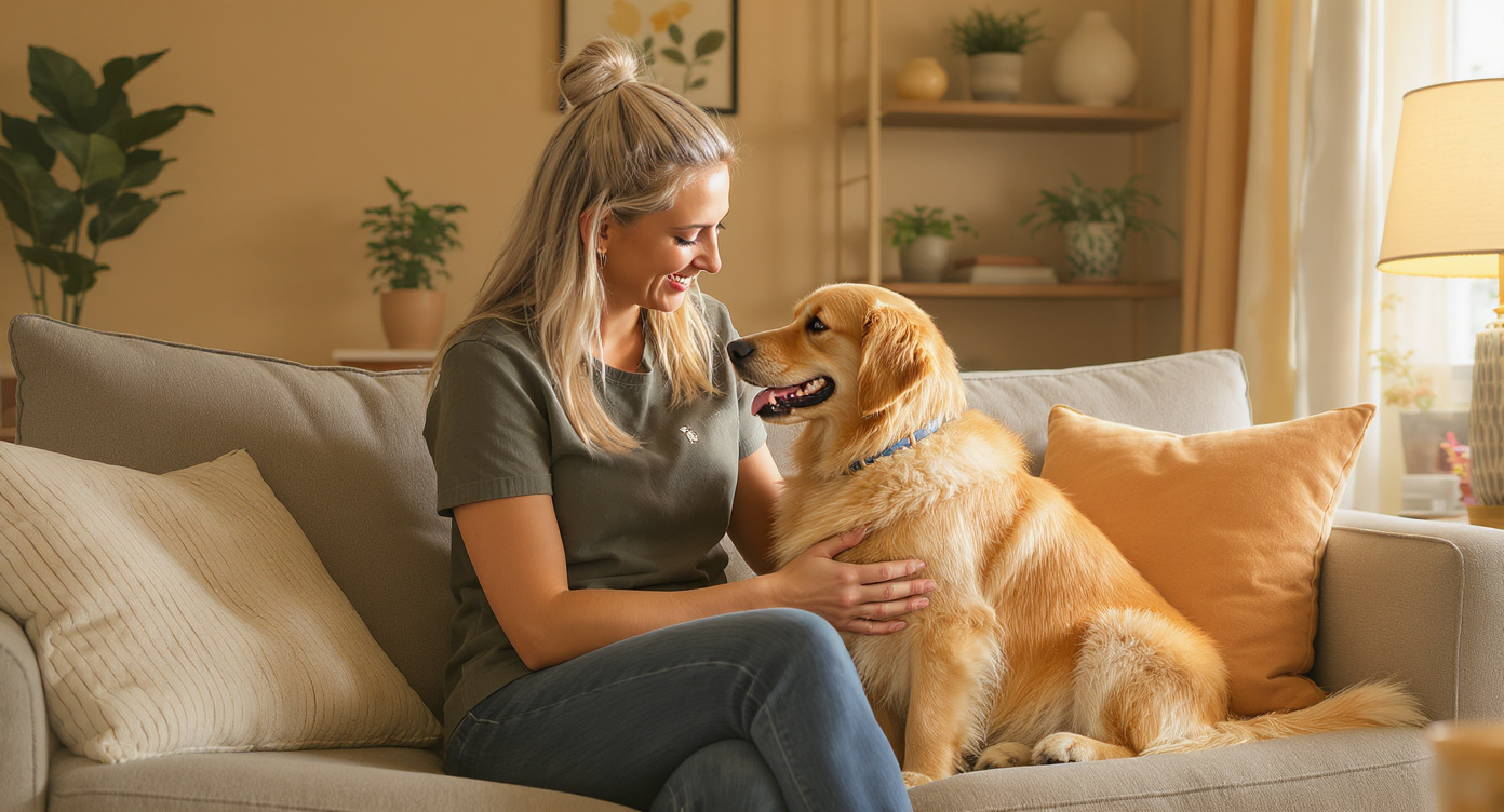 Professional pet sitter caring for a golden retriever at home — HeiBob