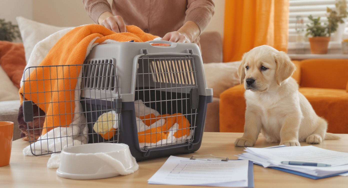 Pet owner preparing dog crate for long distance pet transport — HeiBob