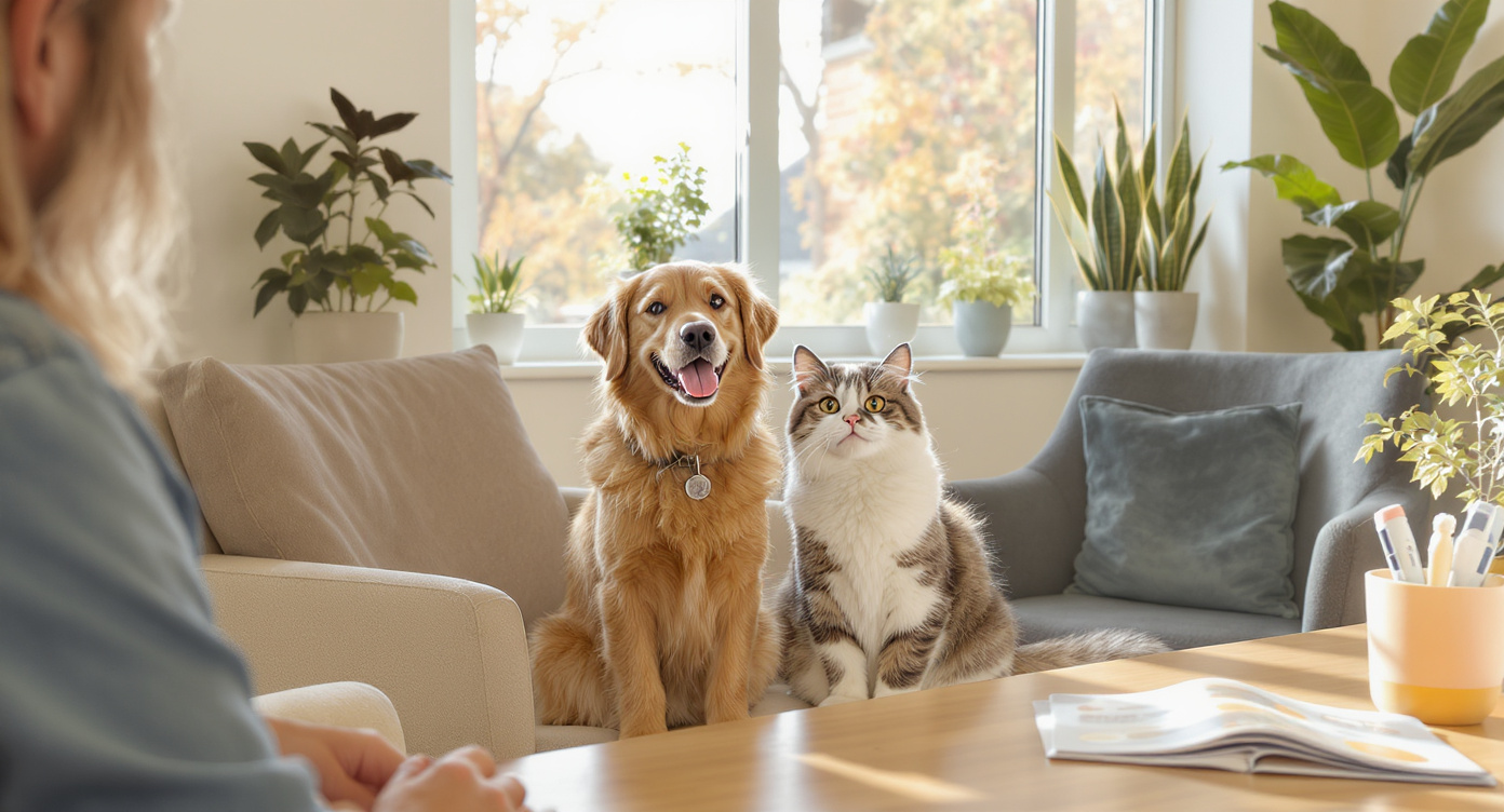 Dog and cat in veterinary waiting room with pet insurance information