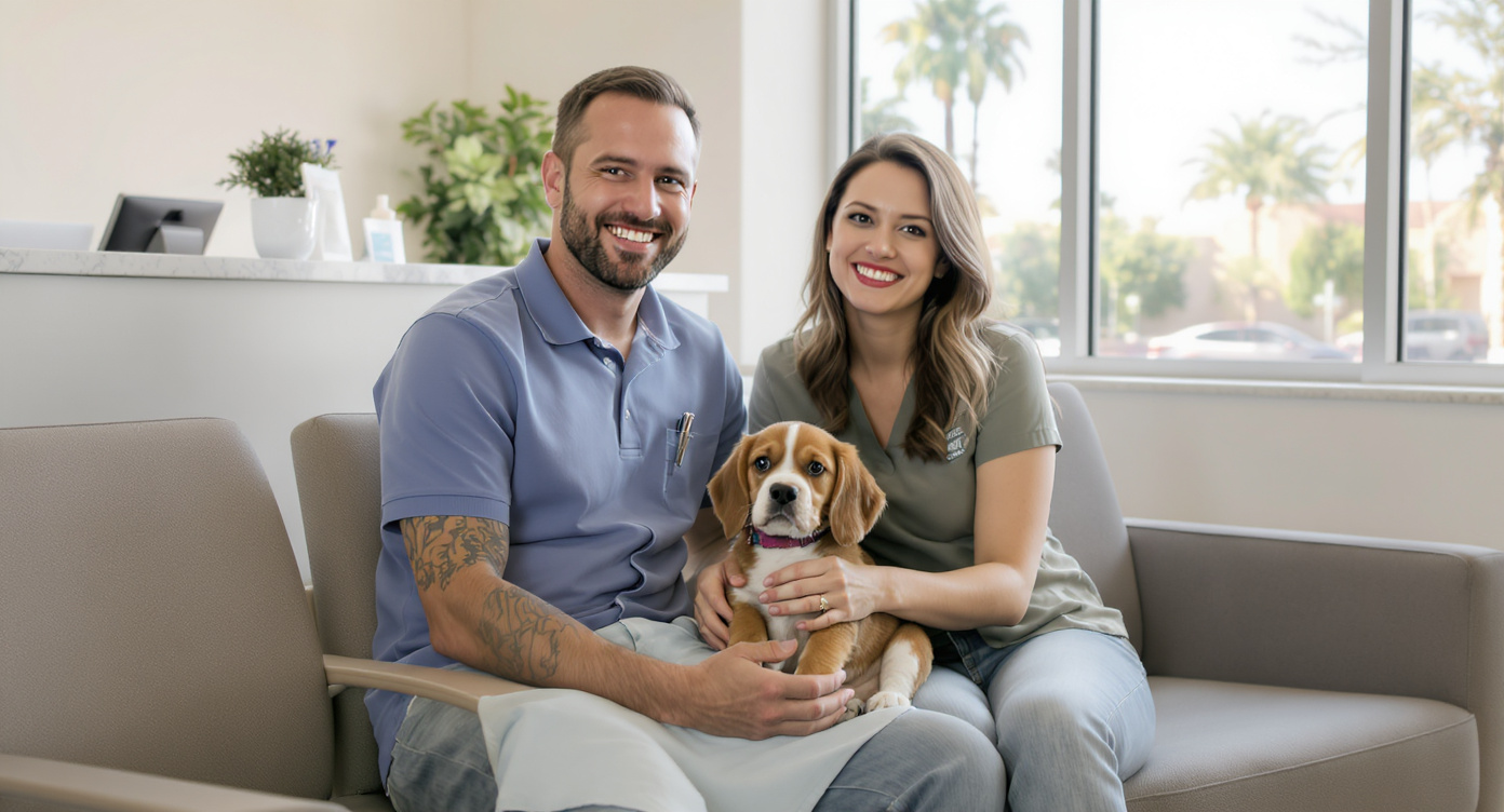 Pet owner with dog in Phoenix AZ veterinary clinic waiting room