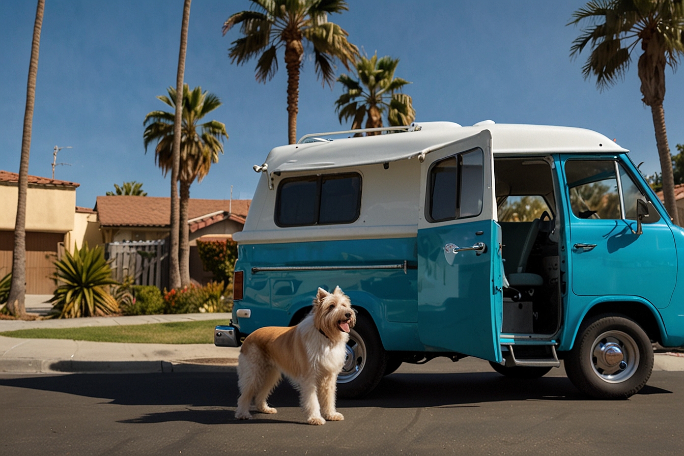 Mobile dog grooming van parked in a sunny San Diego neighborhood — HeiBob