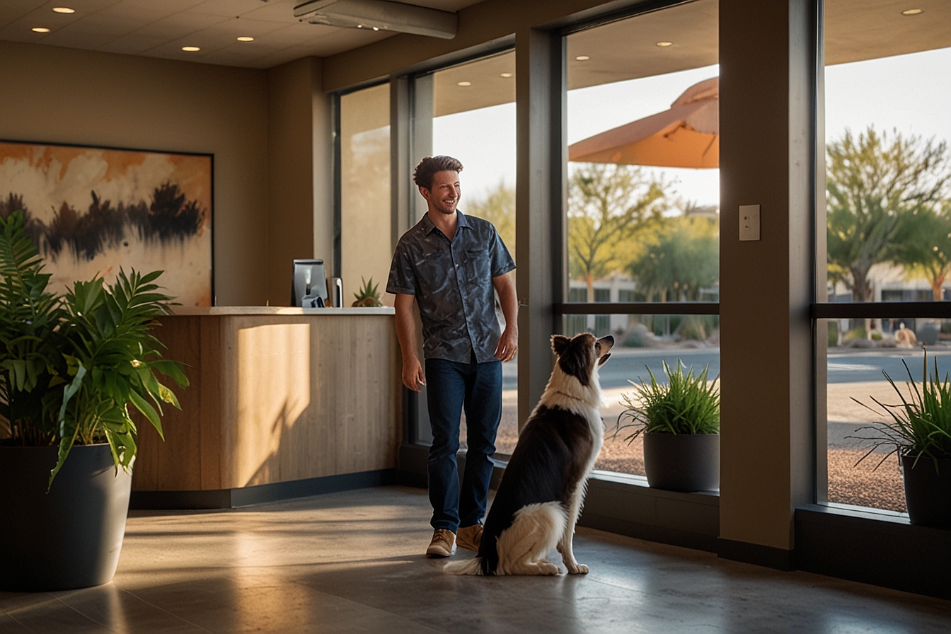 Pet owner checking in dog at a Scottsdale AZ boarding facility — HeiBob