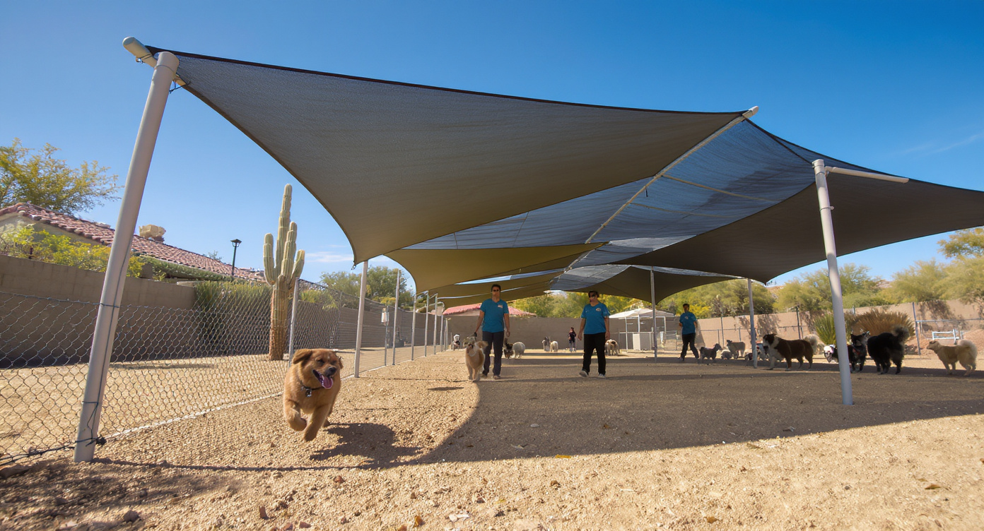 Dog playing happily in covered outdoor play area at Scottsdale Arizona pet boarding kennel