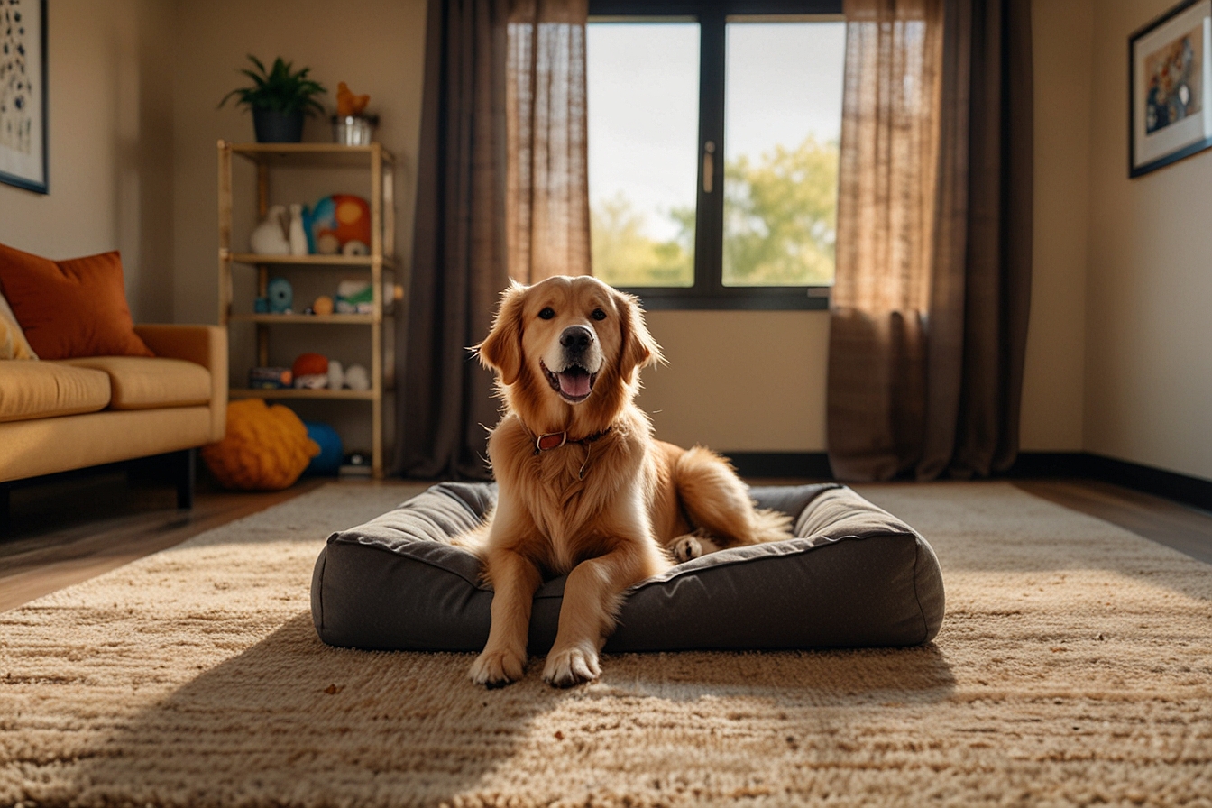 Golden retriever relaxing in a Scottsdale dog boarding suite — HeiBob