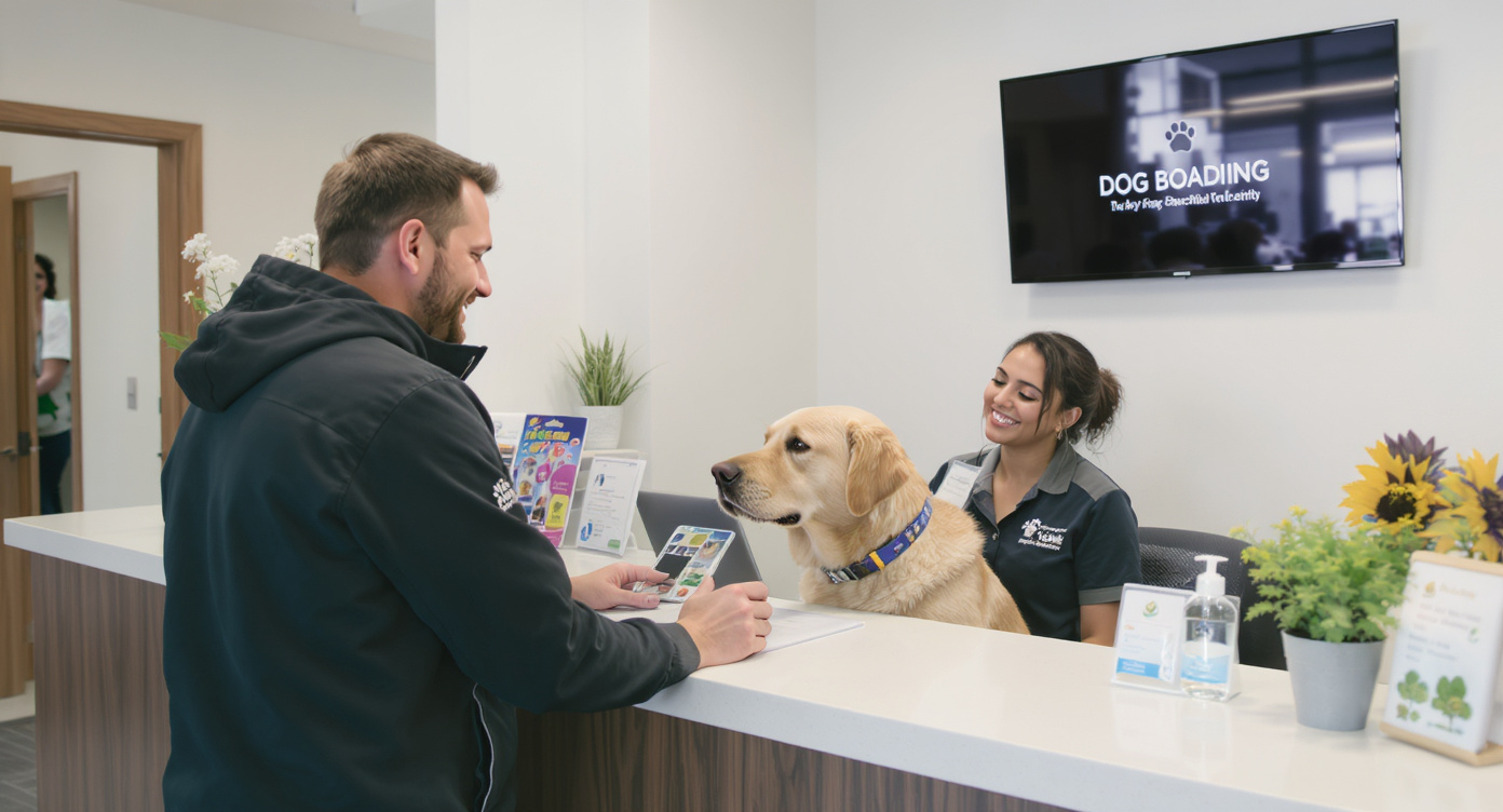 Dog owner checking in at Seattle dog boarding facility