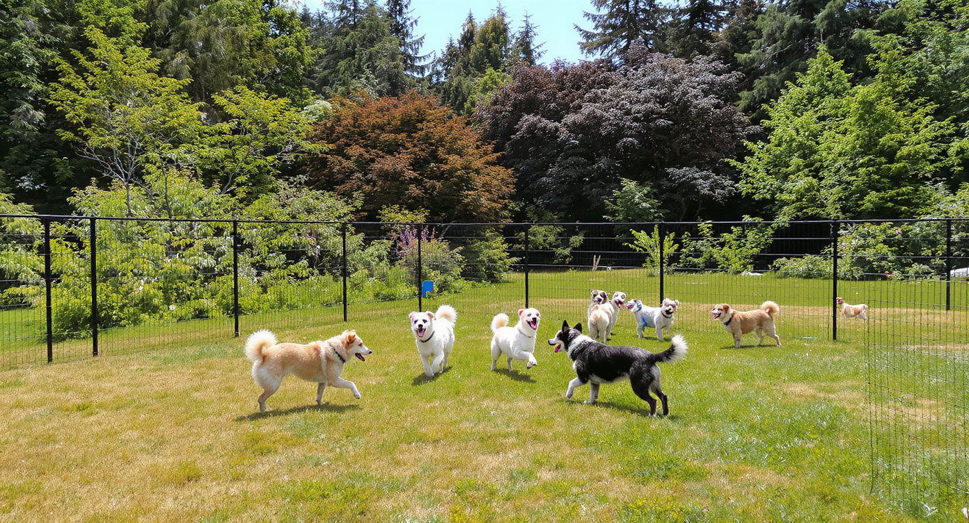Dogs playing at Seattle dog boarding outdoor yard