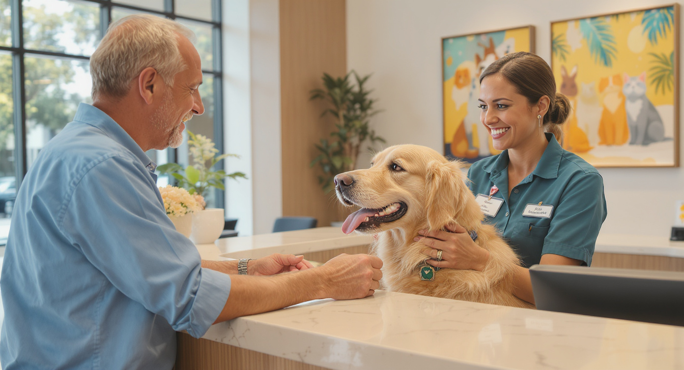 Pet owner checking in dog at Tampa FL boarding resort