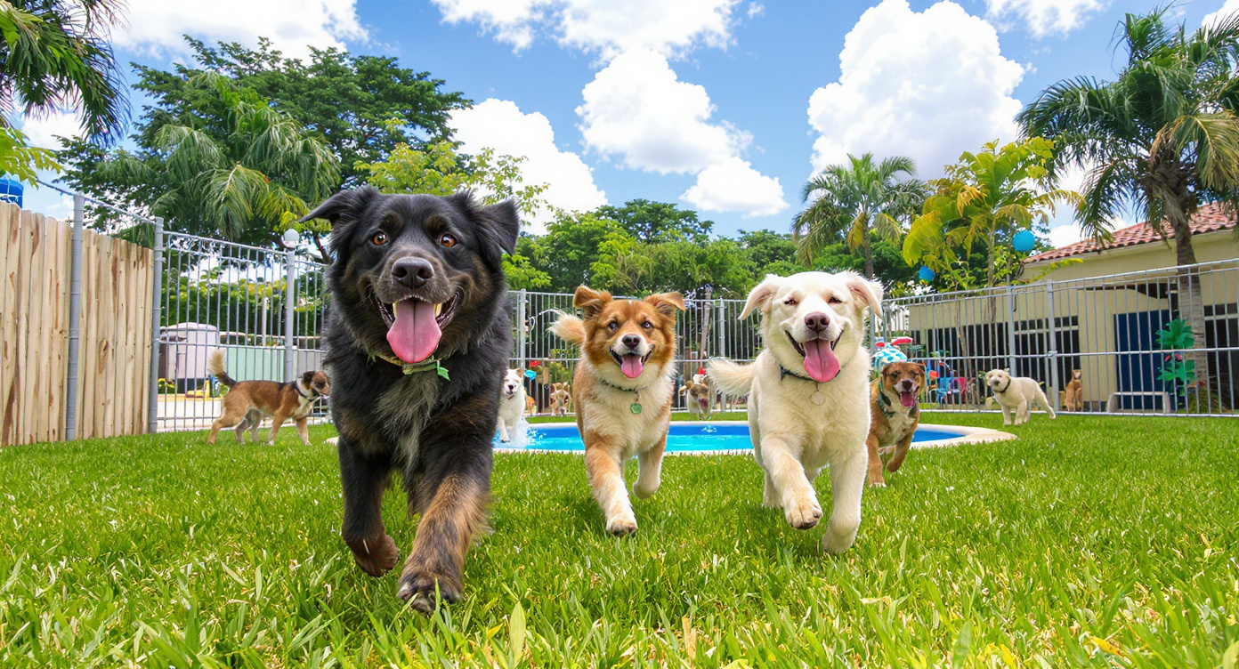 Dogs playing in outdoor yard at Tampa FL dog boarding facility