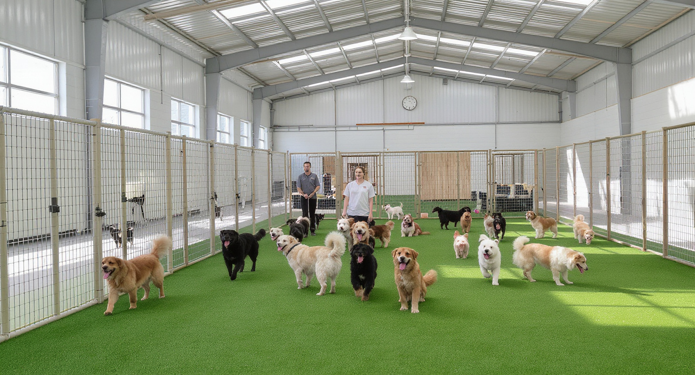 Dogs playing at a cage-free boarding facility in Raleigh, NC