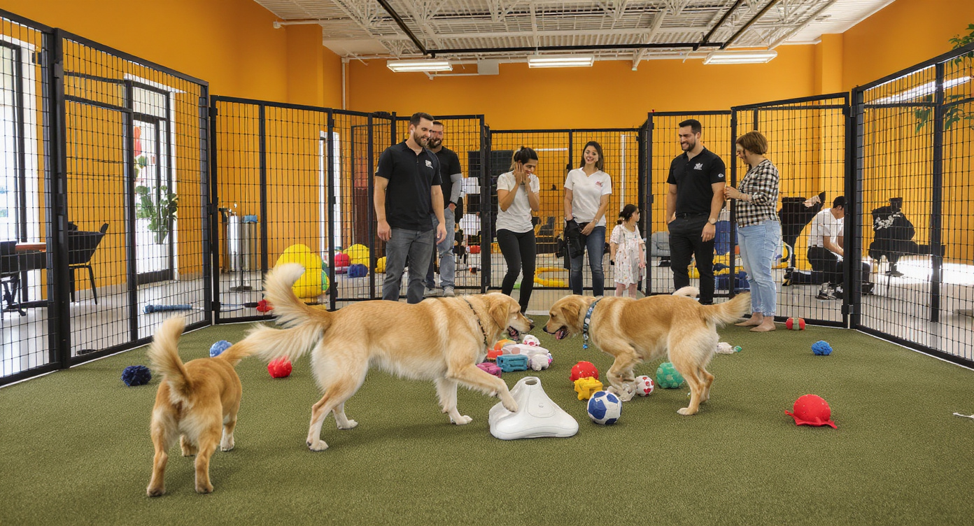 Dogs playing together in a bright open-play area at an Austin TX dog daycare facility