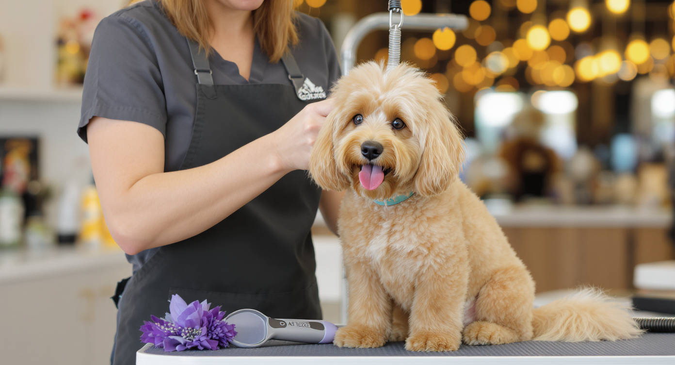 Professional dog groomer styling a dog in Boston MA