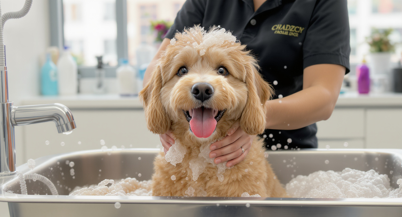 Dog getting a professional bath and groom at a Chicago pet salon