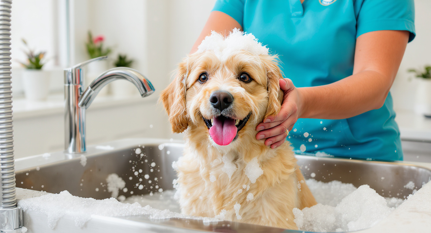 Professional dog groomer at work in a Chicago pet grooming salon