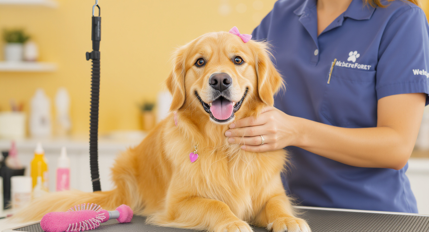 Professional dog groomer styling a golden retriever at a Louisville pet salon — HeiBob