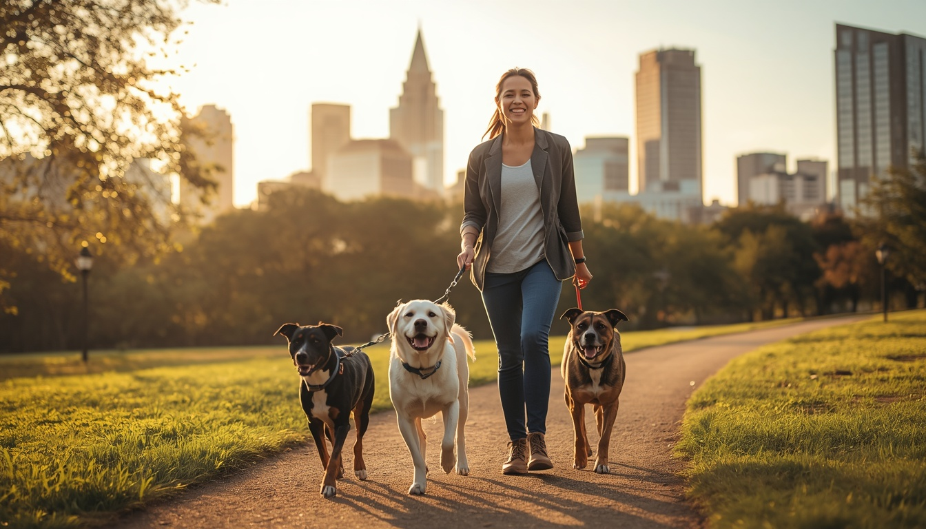 Happy dogs being walked in Atlanta Georgia neighborhood