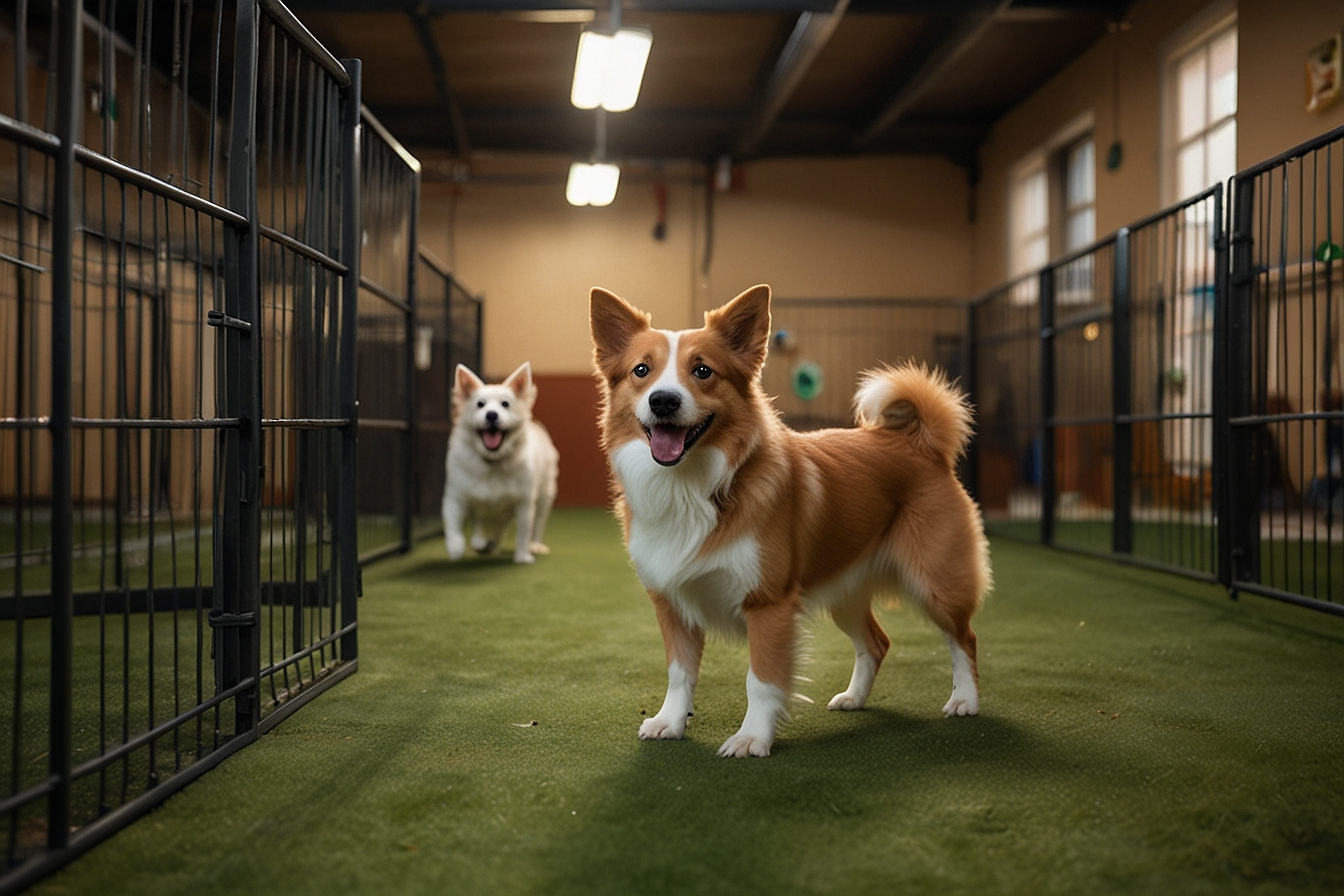 Dogs playing together in a cage-free dog boarding facility in Charlotte NC — HeiBob
