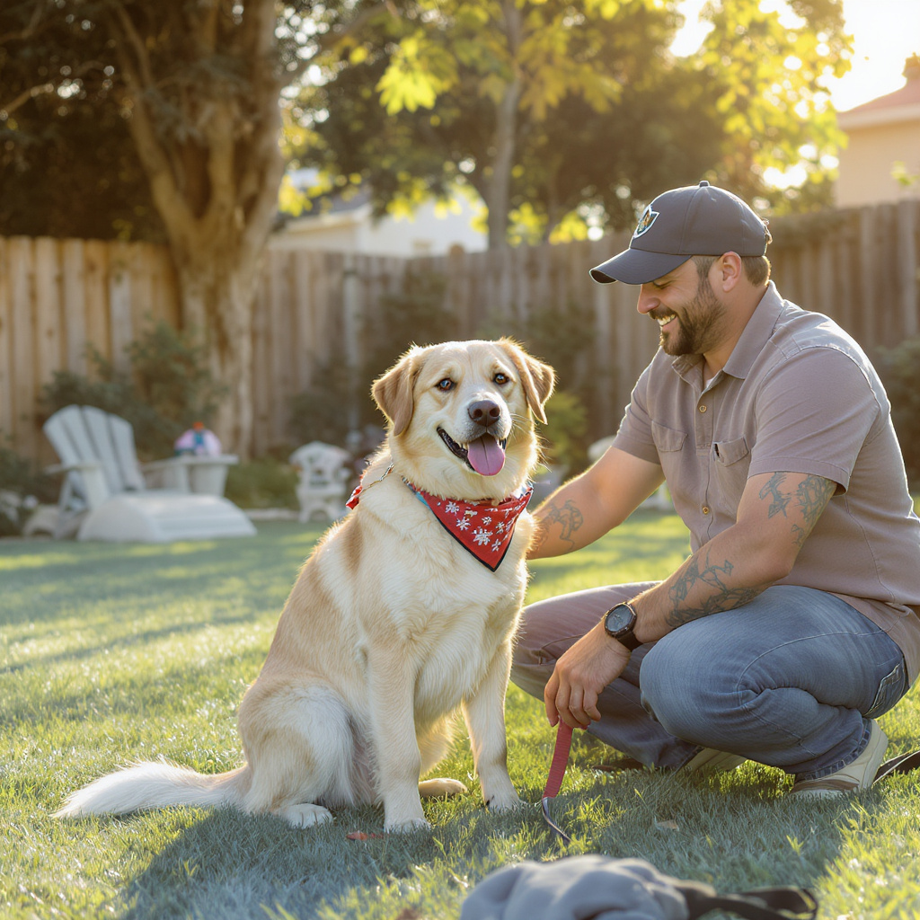 Happy well-trained dog sitting attentively with owner in Tampa, FL after successful training session — HeiBob