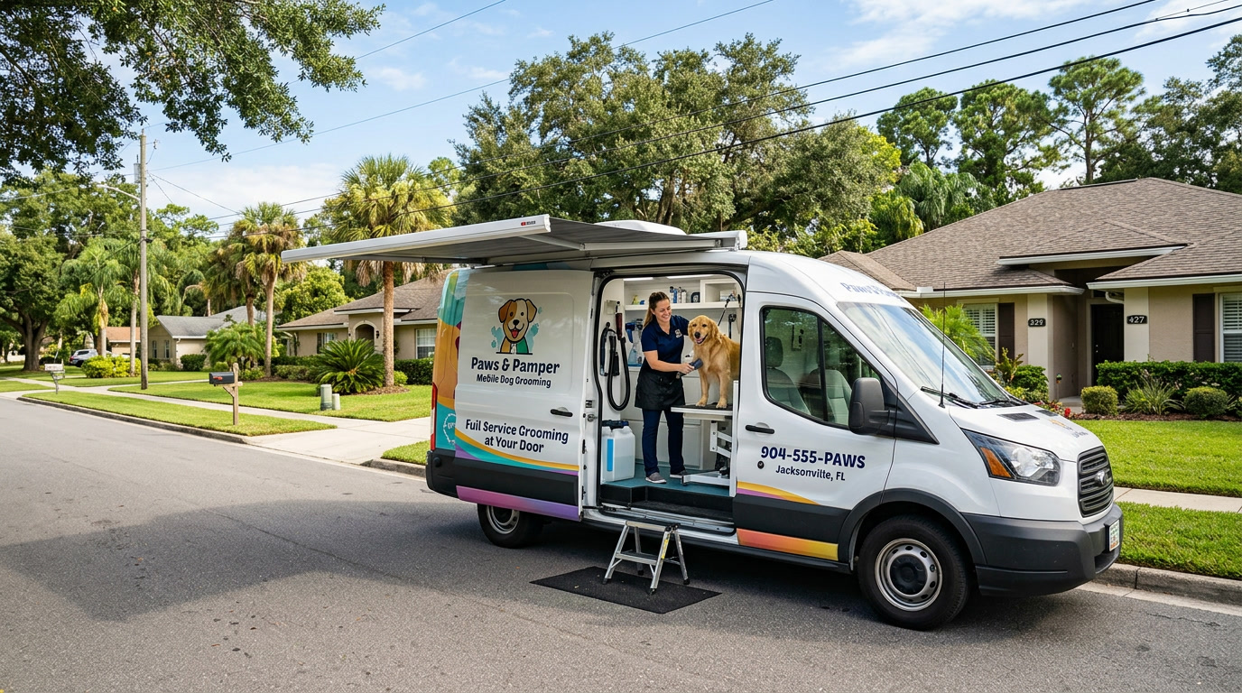Mobile dog grooming van — professional at-home grooming service