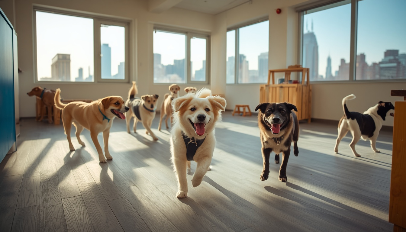 Dog daycare playroom in NYC — dogs socializing in a bright cage-free facility