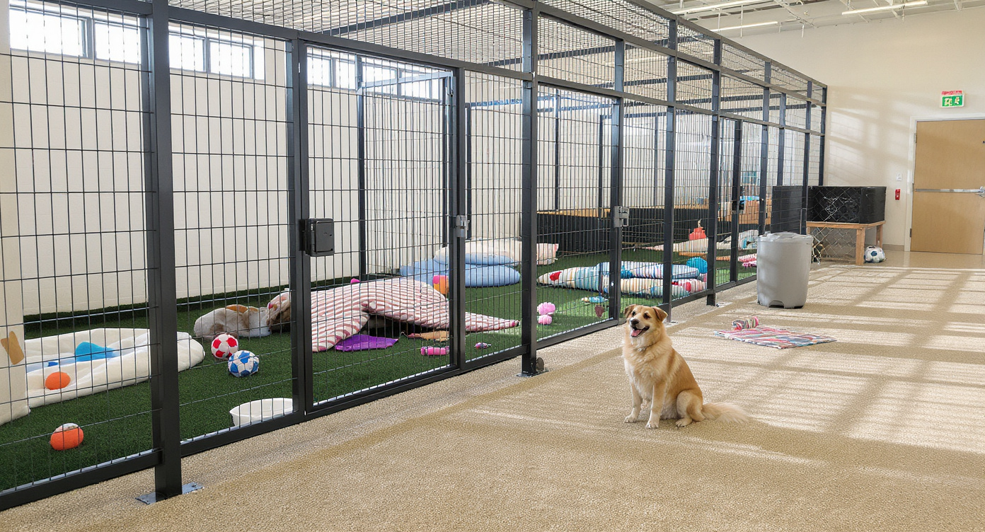 Dog at a modern pet boarding kennel facility with toys — HeiBob