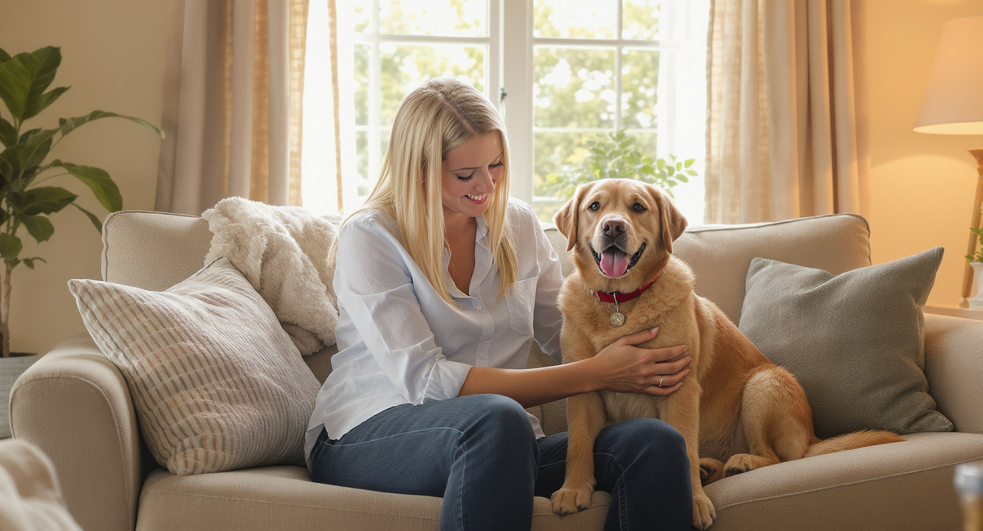 Pet sitter on couch with labrador dog in home — HeiBob