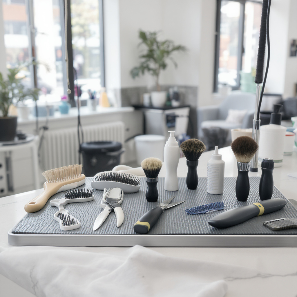 Professional dog grooming tools at a Seattle pet salon — scissors, brushes, and combs