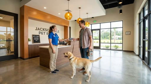 Dog owner checking in at Jacksonville pet boarding resort
