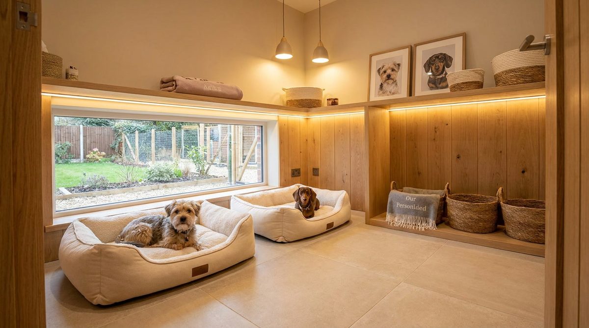 Cozy dog boarding suite interior with luxury beds and warm lighting in Omaha NE — HeiBob
