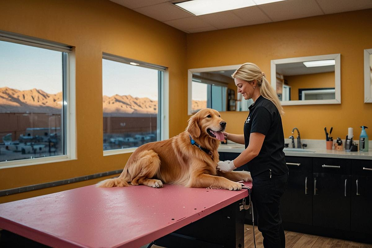 Professional dog groomer with golden retriever in Albuquerque NM grooming session